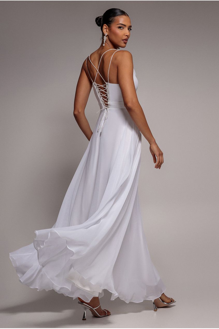 Goddiva Chiffon Cowl Twisted Rope Strap Lace-up Flared Maxi Dress - Ivory