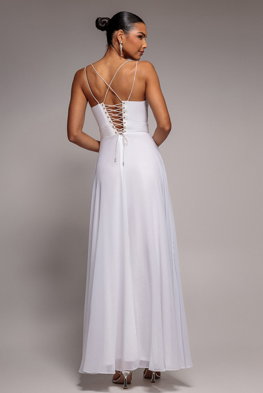 Goddiva Chiffon Cowl Twisted Rope Strap Lace-up Flared Maxi Dress - Ivory