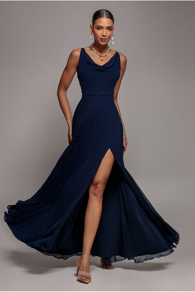 Navy - Goddiva Chiffon Cowl Twisted Rope Strap Lace-up Flared Maxi Dress - Navy Blue