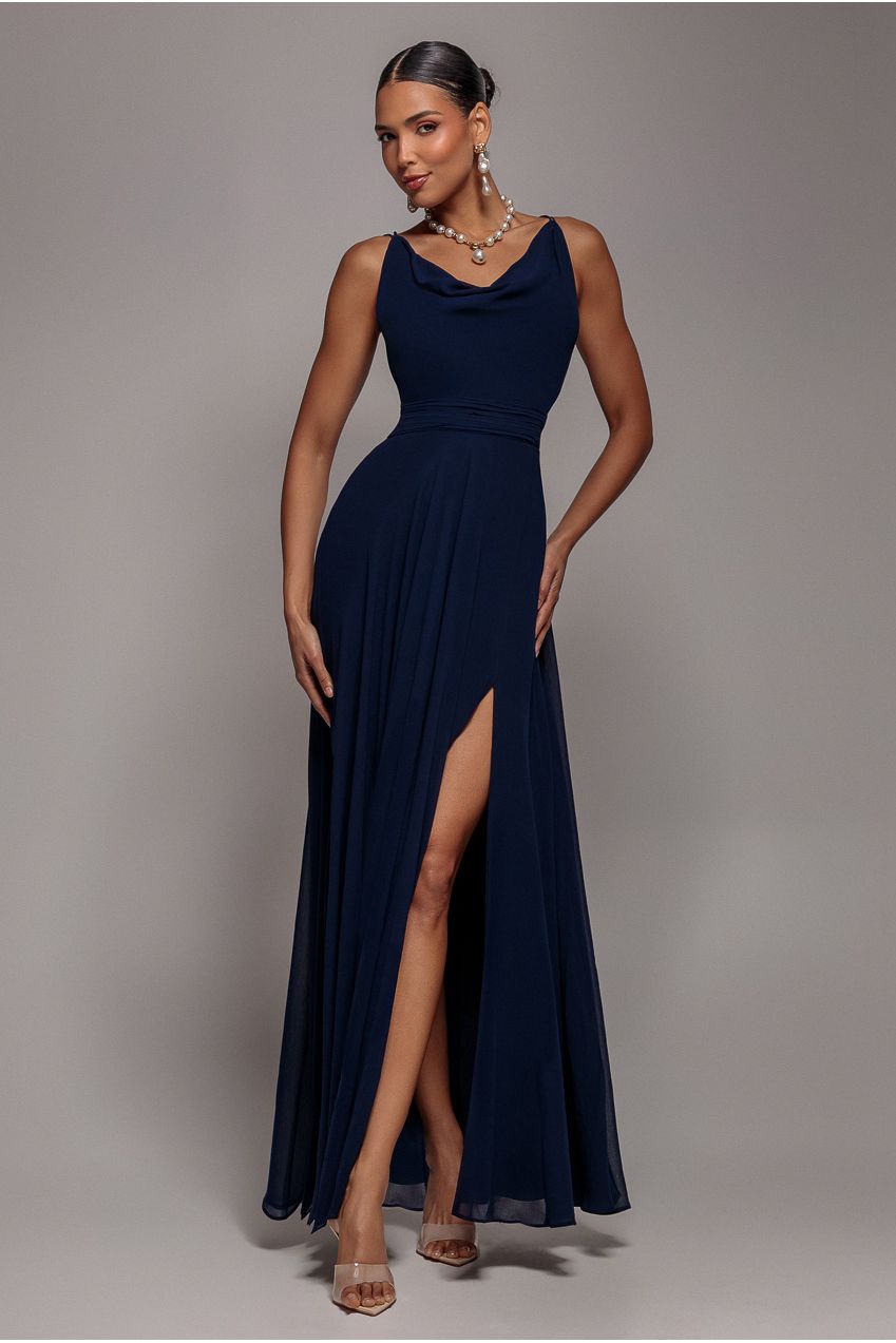 Goddiva Chiffon Cowl Twisted Rope Strap Lace-up Flared Maxi Dress - Navy Blue