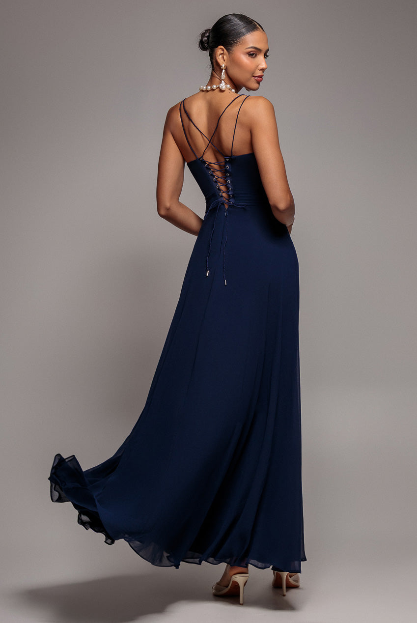 Goddiva Chiffon Cowl Twisted Rope Strap Lace-up Flared Maxi Dress - Navy Blue