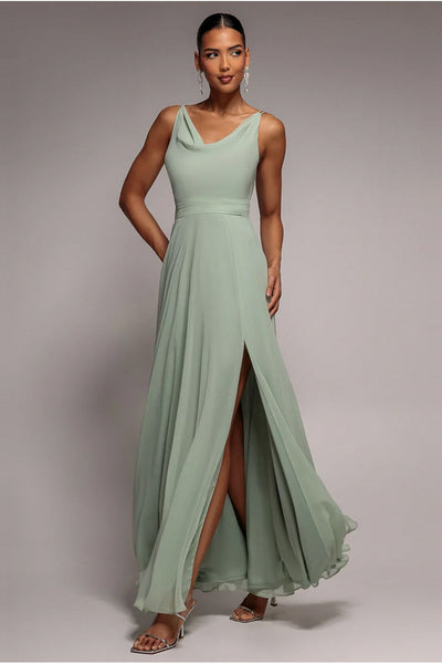 SageGreen - Goddiva Chiffon Cowl Twisted Rope Strap Lace-up Flared Maxi Dress - Sage Green