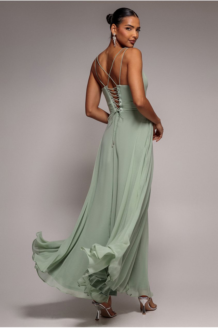 Goddiva Chiffon Cowl Twisted Rope Strap Lace-up Flared Maxi Dress - Sage Green