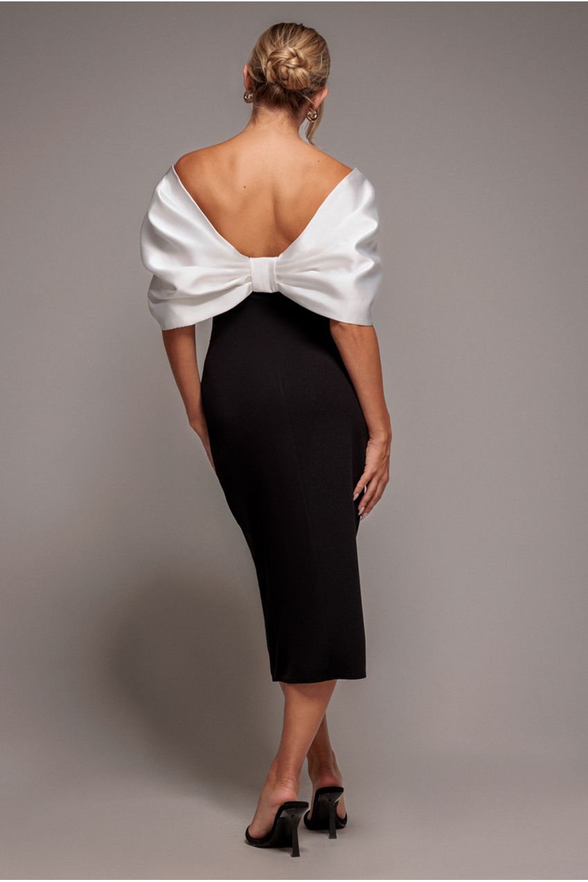 Goddiva Contrast Off Shoulder Back Satin Bow Scuba Midi Dress - Black Cream