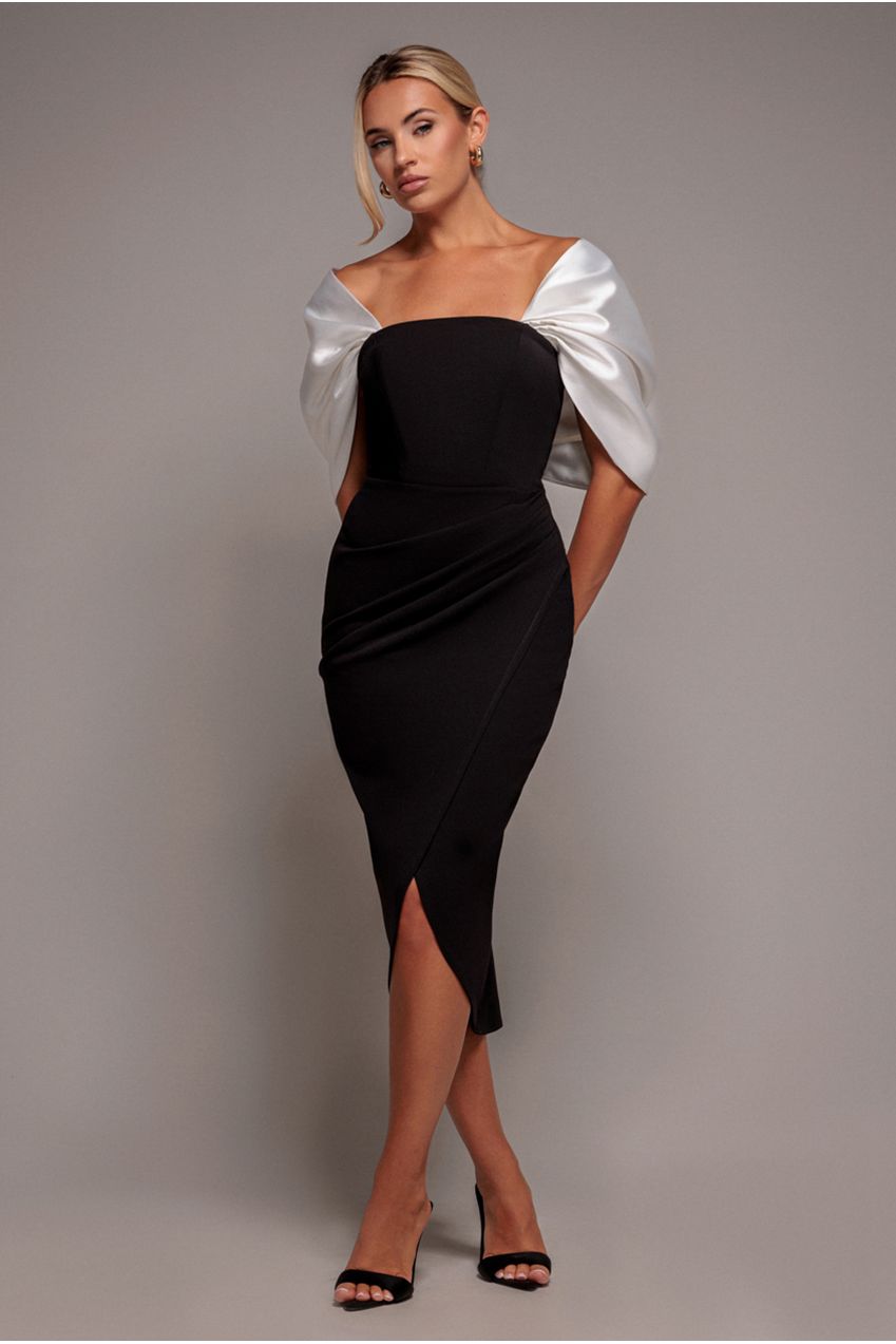 Goddiva Contrast Off Shoulder Back Satin Bow Scuba Midi Dress - Black Cream