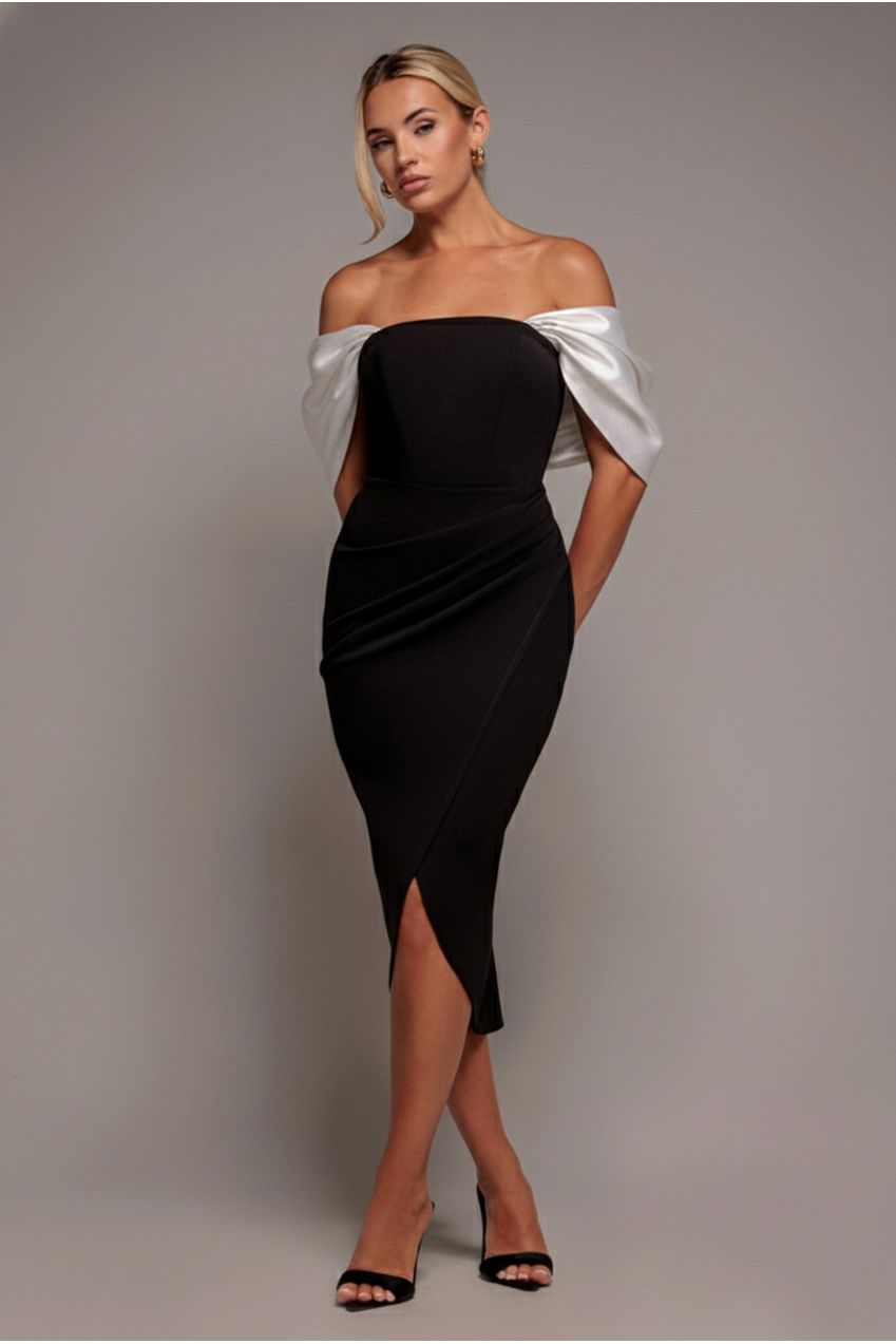 Goddiva Contrast Off Shoulder Back Satin Bow Scuba Midi Dress - Black Cream