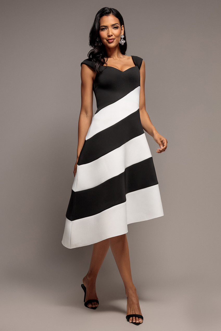 Goddiva Striped Contrast Asymmetric Midi Dress - Black Cream