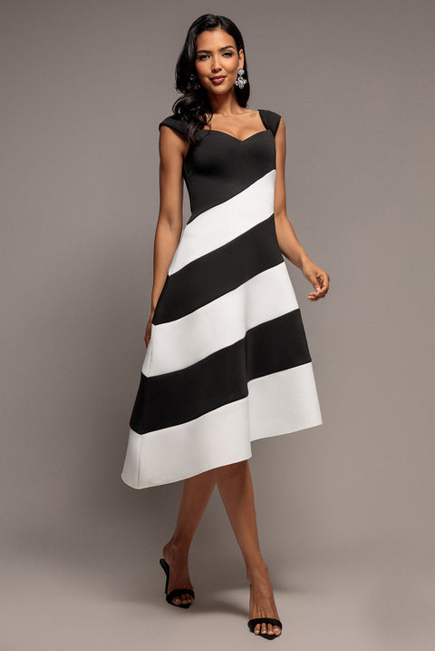 Goddiva Striped Contrast Asymmetric Midi Dress - Black Cream