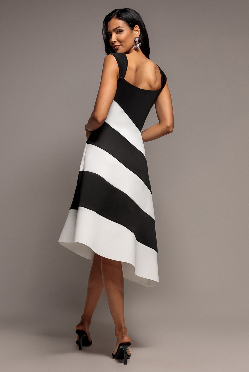 Goddiva Striped Contrast Asymmetric Midi Dress - Black Cream