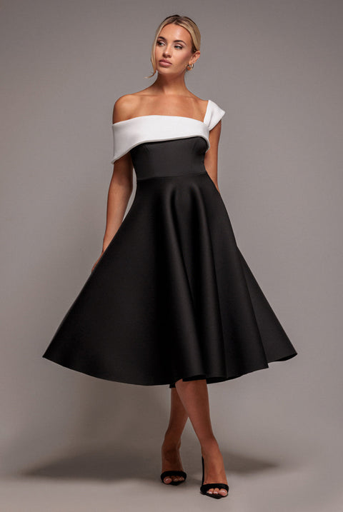 Goddiva One Shoulder A Line Midi Dress - Black Cream