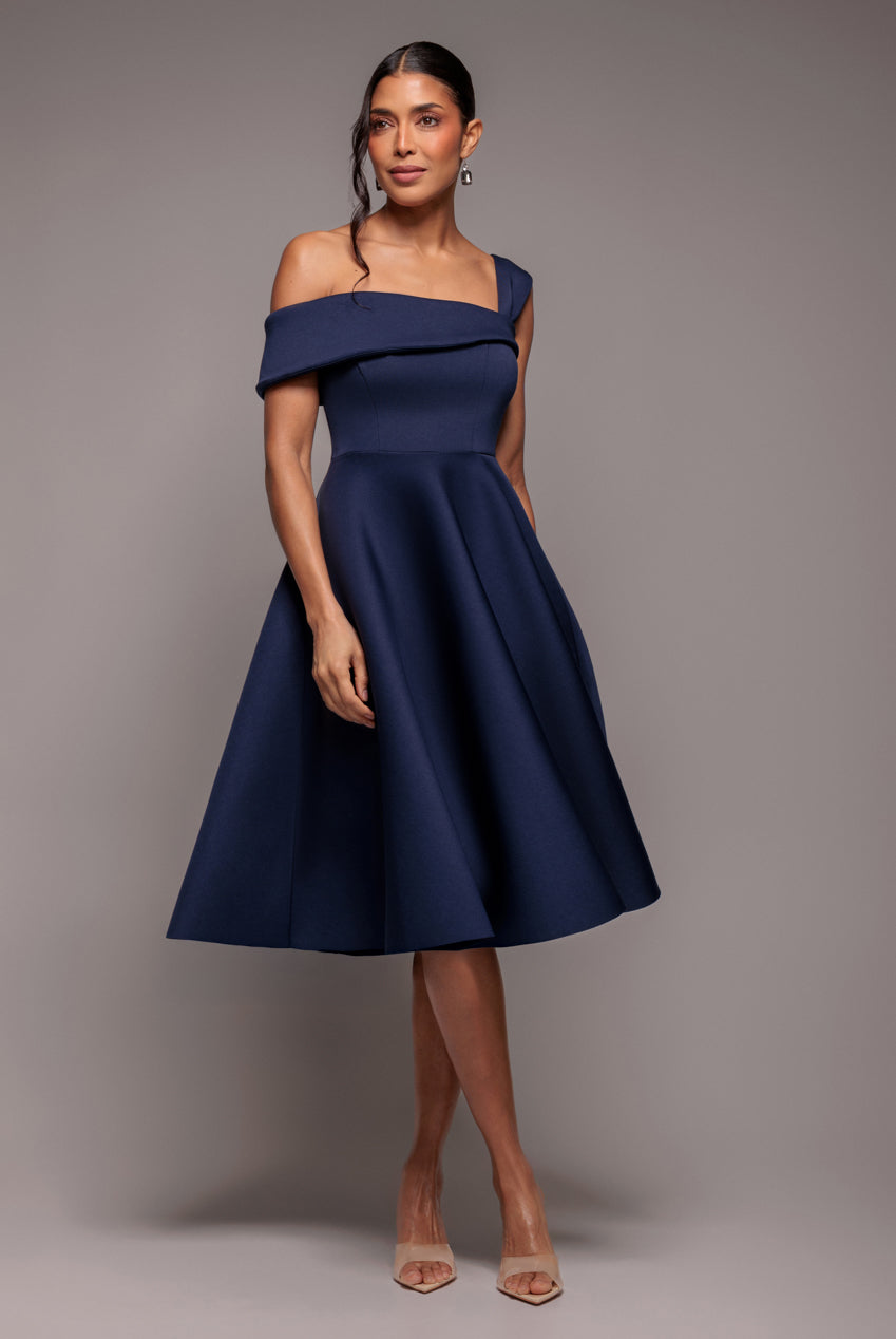 Goddiva One Shoulder A Line Midi Dress - Navy Blue