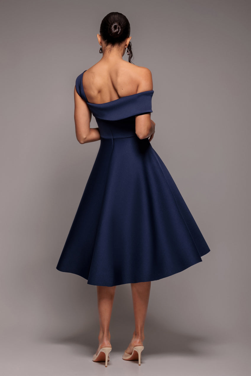 Goddiva One Shoulder A Line Midi Dress - Navy Blue