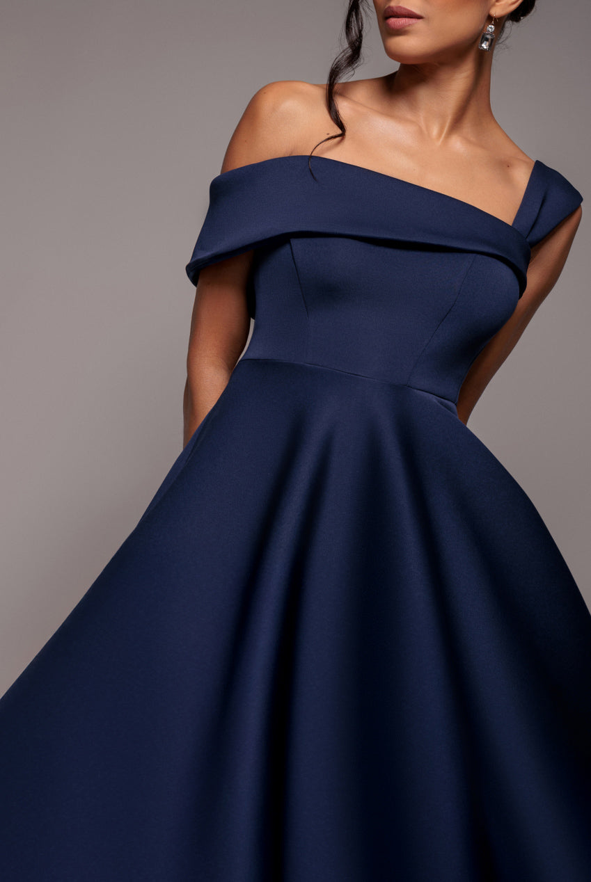 Goddiva One Shoulder A Line Midi Dress - Navy Blue