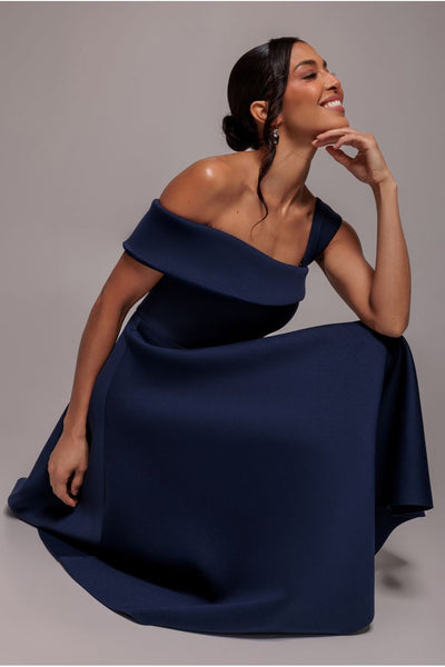Goddiva One Shoulder A Line Midi Dress - Navy Blue