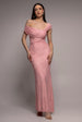 Goddiva One Shoulder Pleated Bardot Lace Maxi Dress - Blush Pink