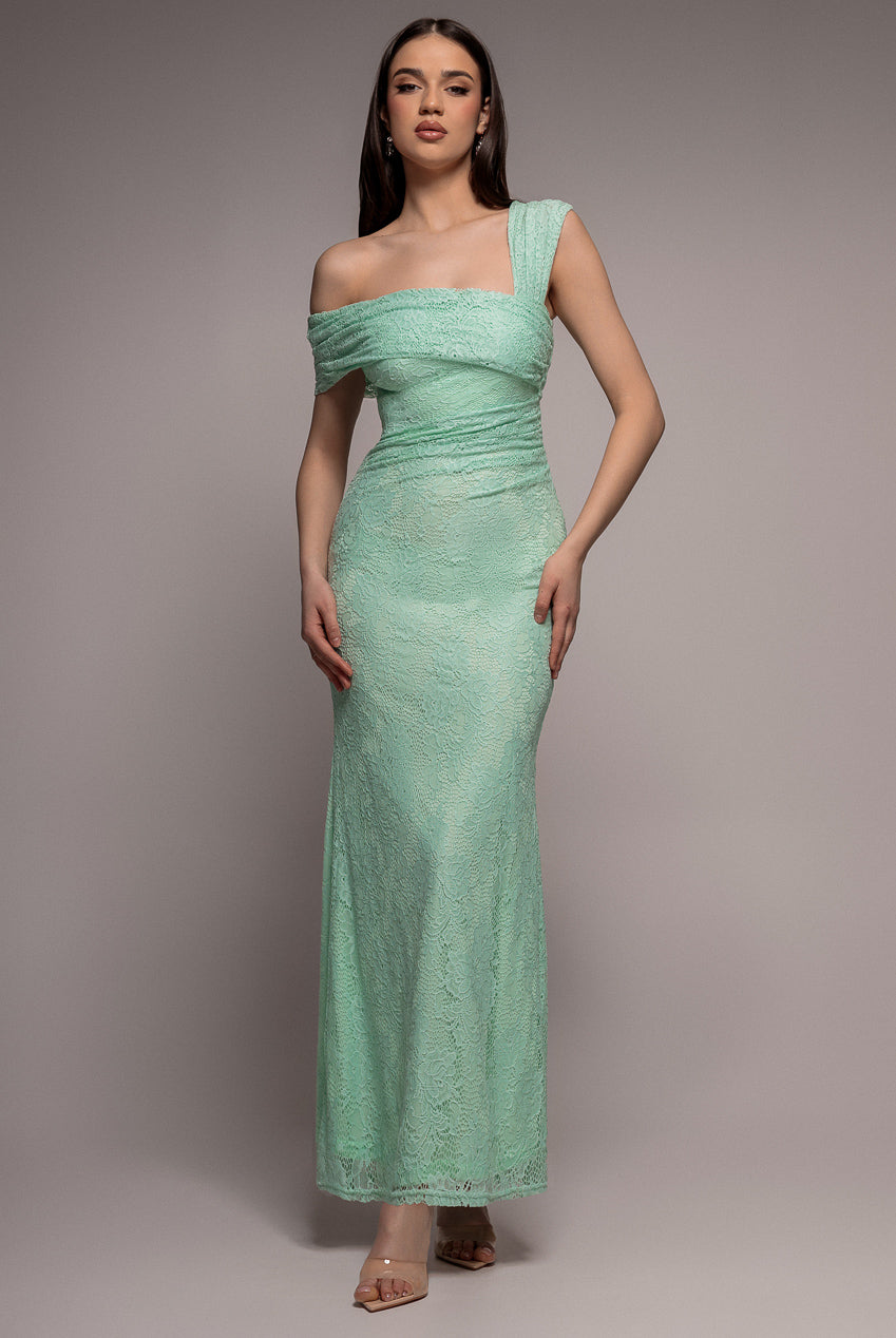 One Shoulder Pleated Bardot Lace Maxi Dress - Mint Green