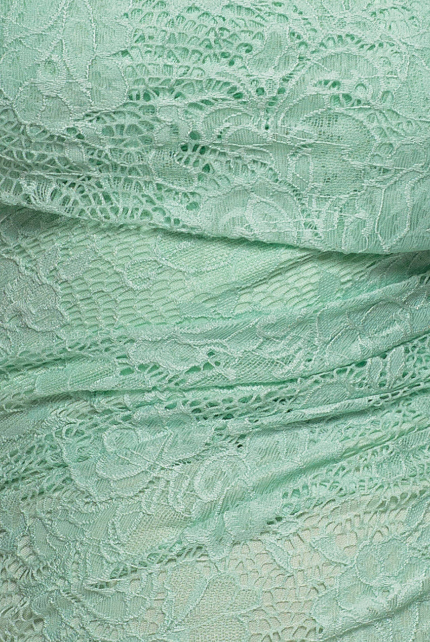 Goddiva One Shoulder Pleated Bardot Lace Maxi Dress - Mint Green
