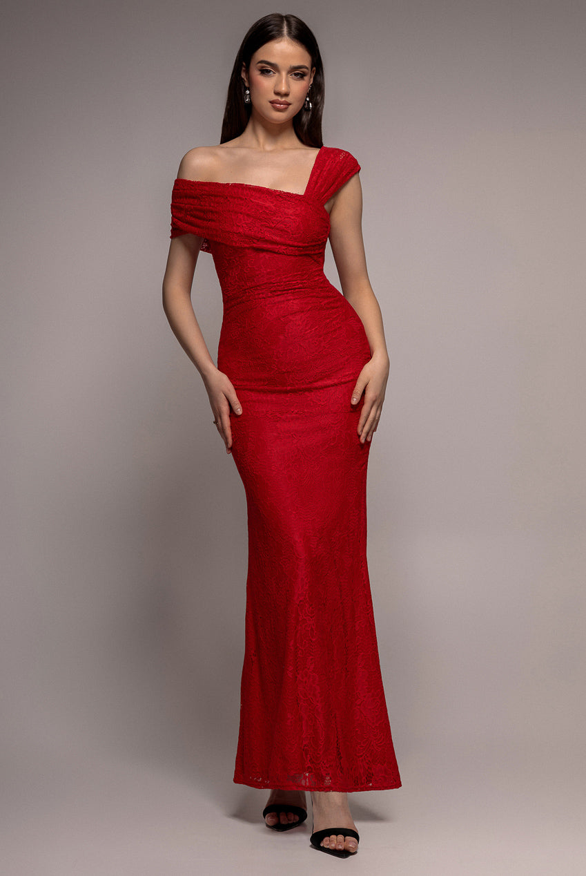 Goddiva One Shoulder Pleated Bardot Lace Maxi Dress - Red