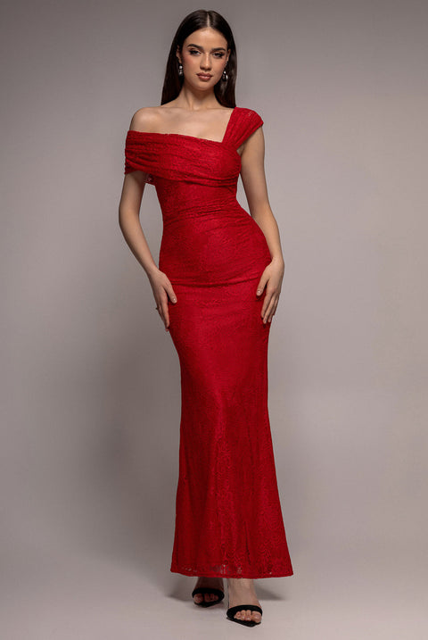Goddiva One Shoulder Pleated Bardot Lace Maxi Dress - Red