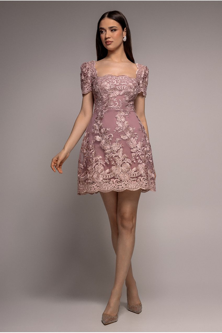 Goddiva Scallop Edge Corset Back Structured Lace Mini Dress - Pink