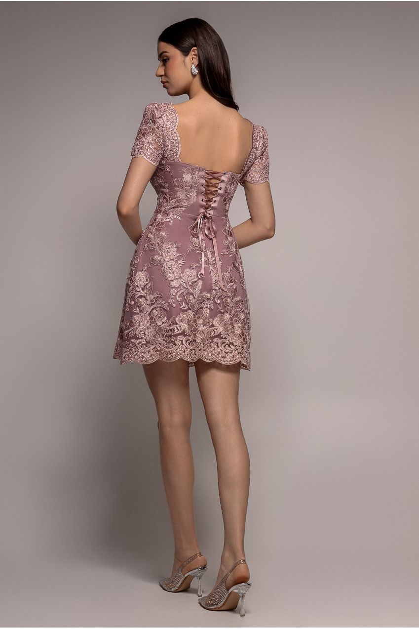 Goddiva Scallop Edge Corset Back Structured Lace Mini Dress - Pink
