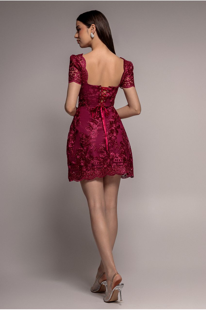 Goddiva Scallop Edge Corset Back Structured Lace Mini Dress - Burgundy