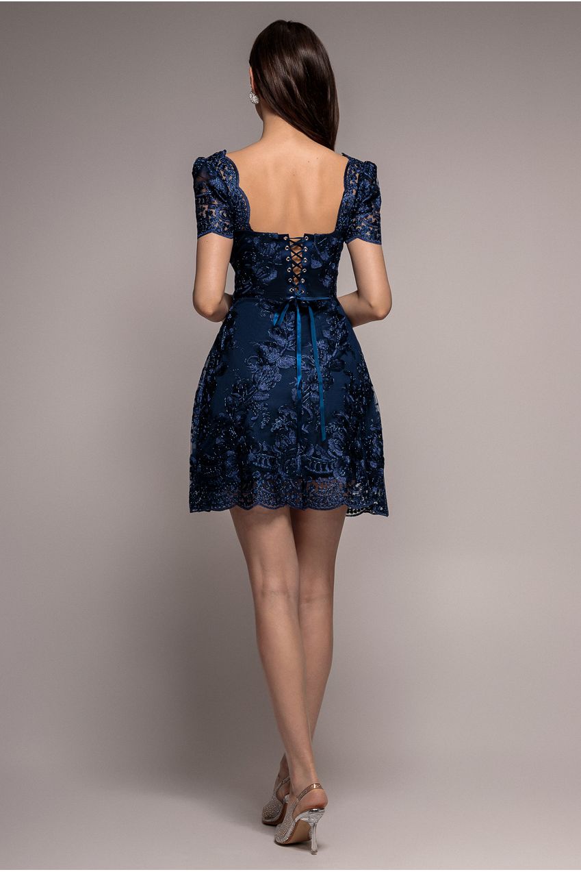 Goddiva Scallop Edge Corset Back Structured Lace Mini Dress - Navy Blue