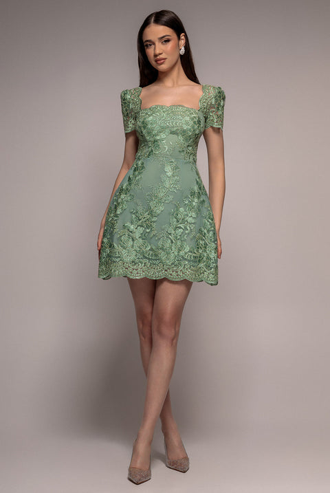 Goddiva Scallop Edge Corset Back Structured Lace Mini Dress - Sage Green
