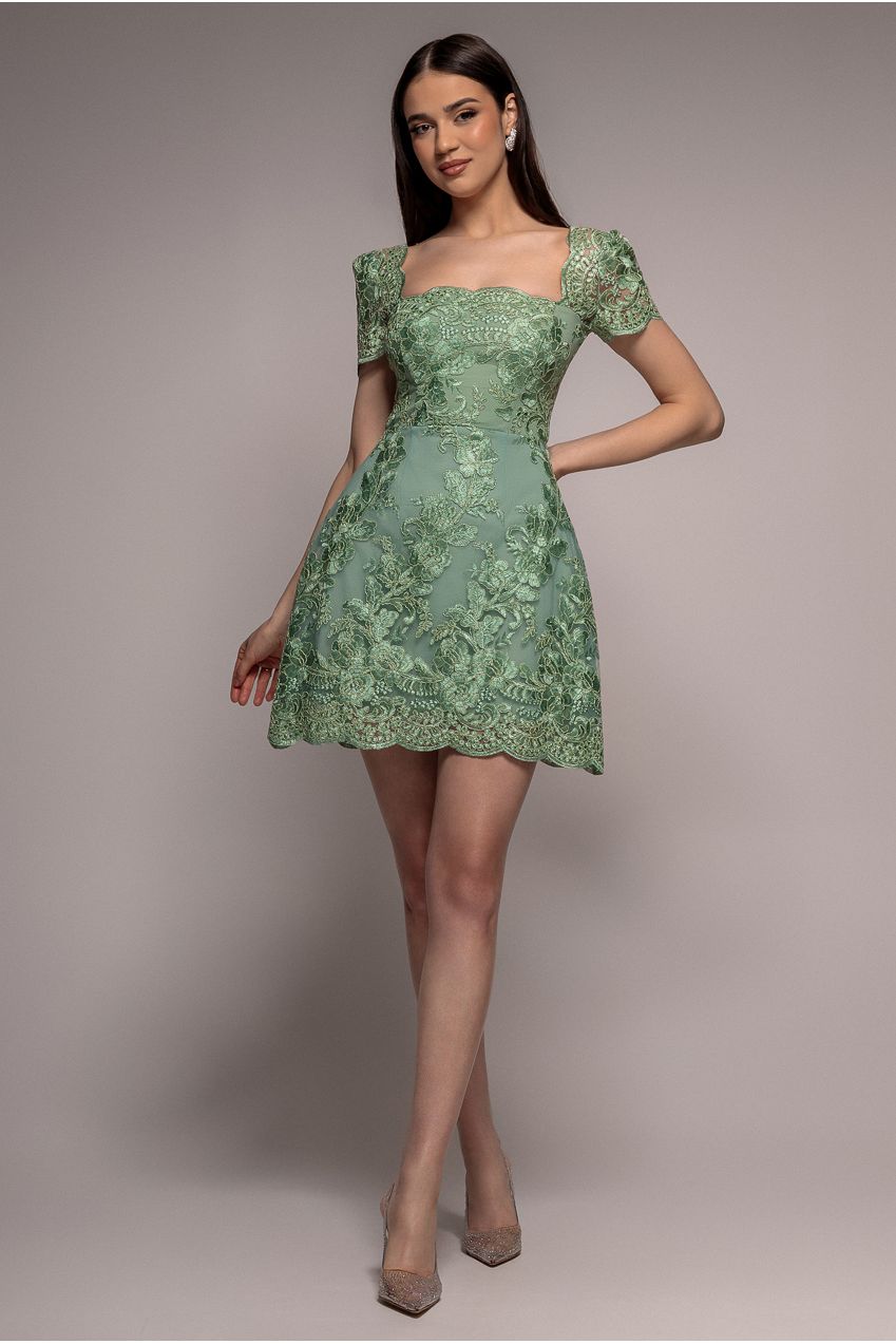 Goddiva Scallop Edge Corset Back Structured Lace Mini Dress - Sage Green