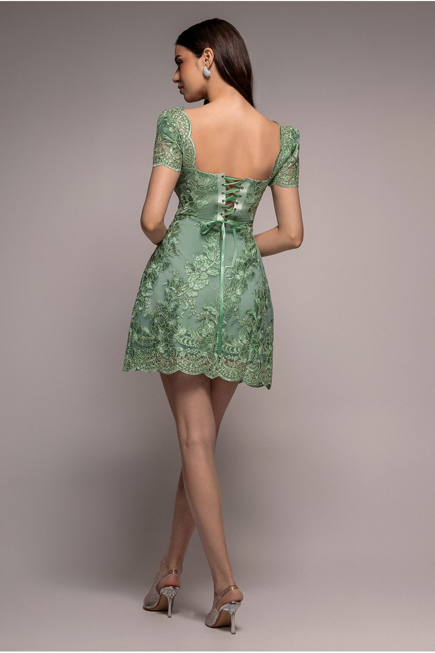 Goddiva Scallop Edge Corset Back Structured Lace Mini Dress - Sage Green
