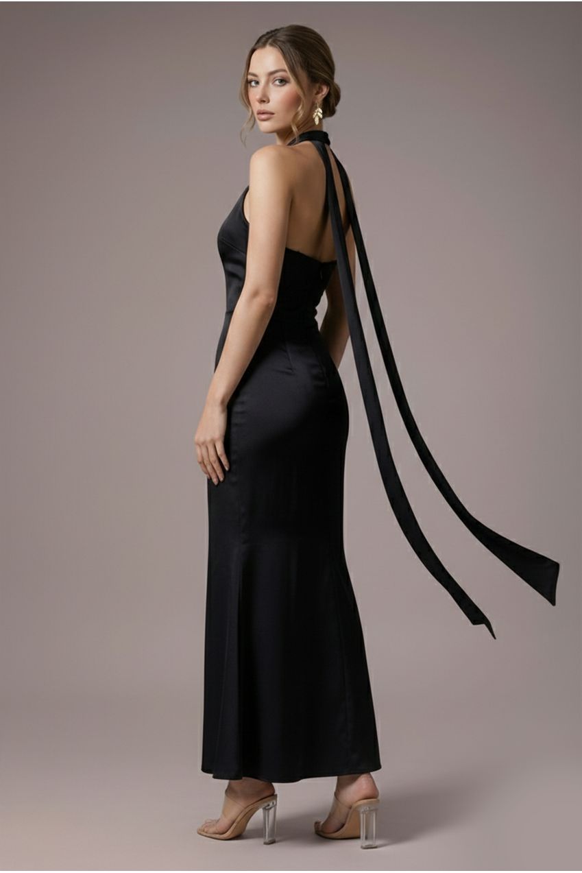 Goddiva Petite Satin Multi-Tie Halterneck Maxi Dress - Black