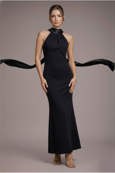 Goddiva Petite Satin Multi-Tie Halterneck Maxi Dress
