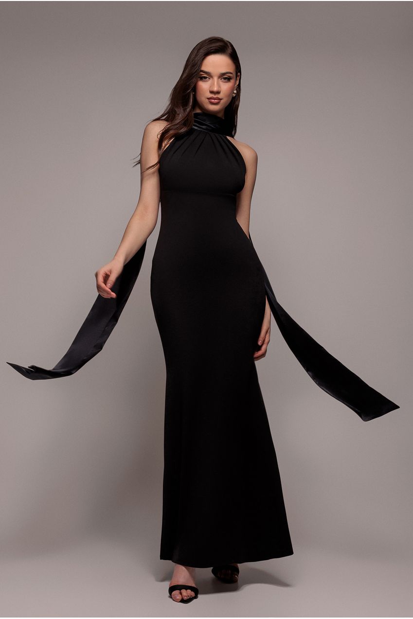 Goddiva Satin Multi-Tie Halterneck Maxi Dress - Black