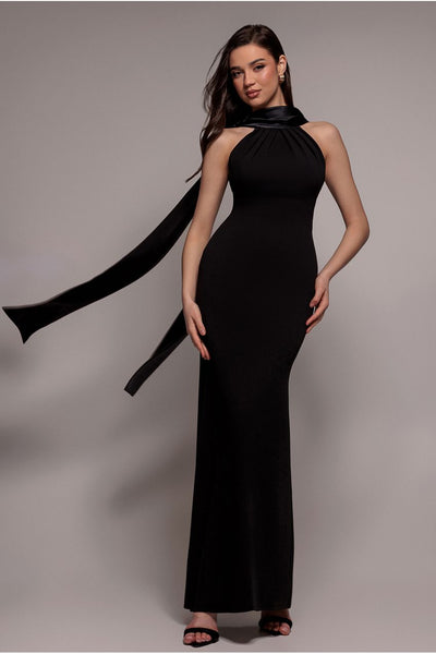 Black - Goddiva Satin Multi-Tie Halterneck Maxi Dress - Black