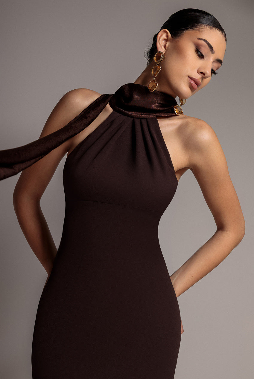 Goddiva Scuba & Velvet Satin Halterneck Maxi Dress With Back Sash - Brown