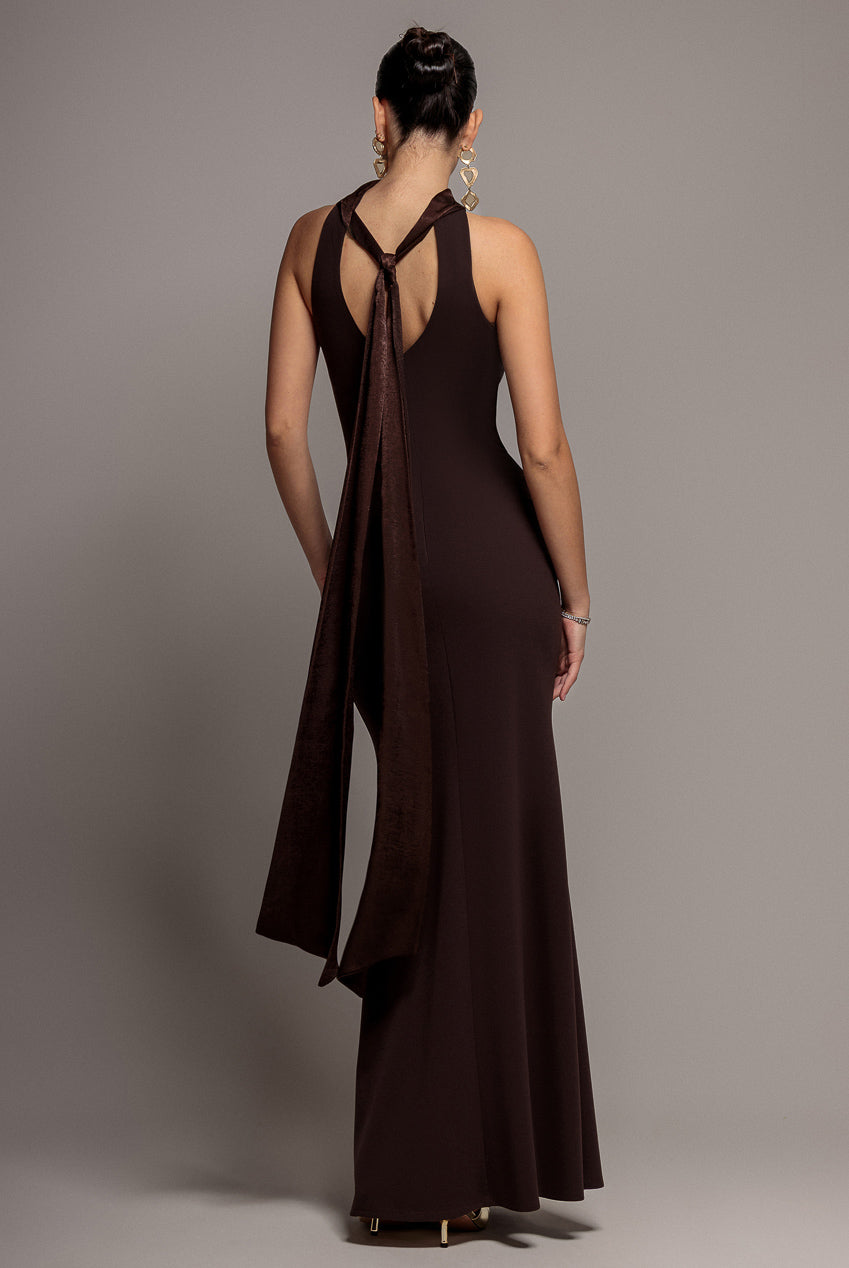 Goddiva Scuba & Velvet Satin Halterneck Maxi Dress With Back Sash - Brown
