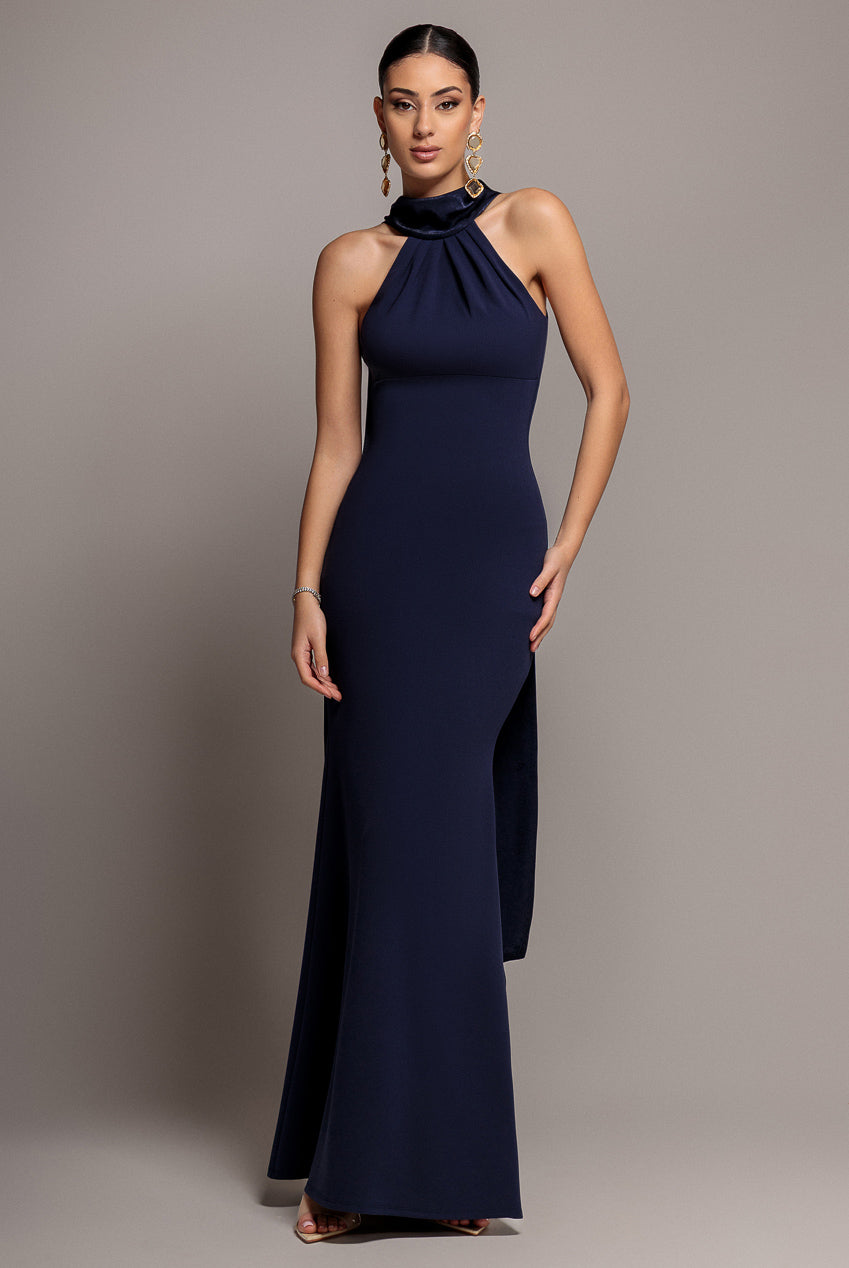 Goddiva Scuba & Velvet Satin Halterneck Maxi Dress With Back Sash - Navy Blue