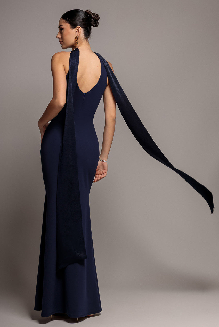 Goddiva Scuba & Velvet Satin Halterneck Maxi Dress With Back Sash - Navy Blue