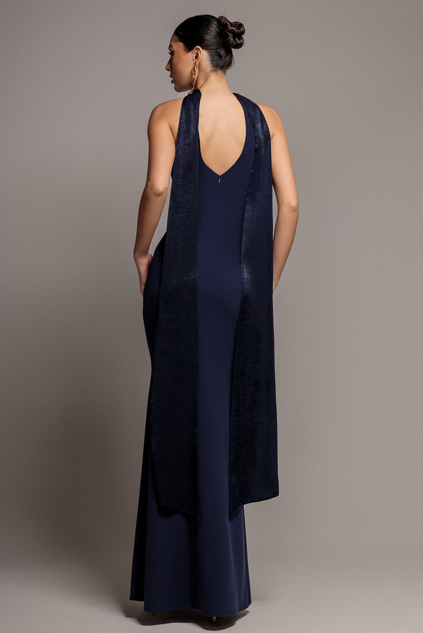Goddiva Scuba & Velvet Satin Halterneck Maxi Dress With Back Sash - Navy Blue