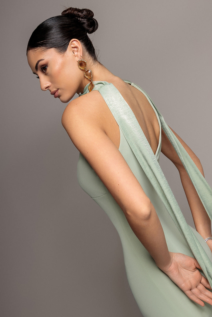 Goddiva Scuba & Velvet Satin Halterneck Maxi Dress With Back Sash - Sage Green
