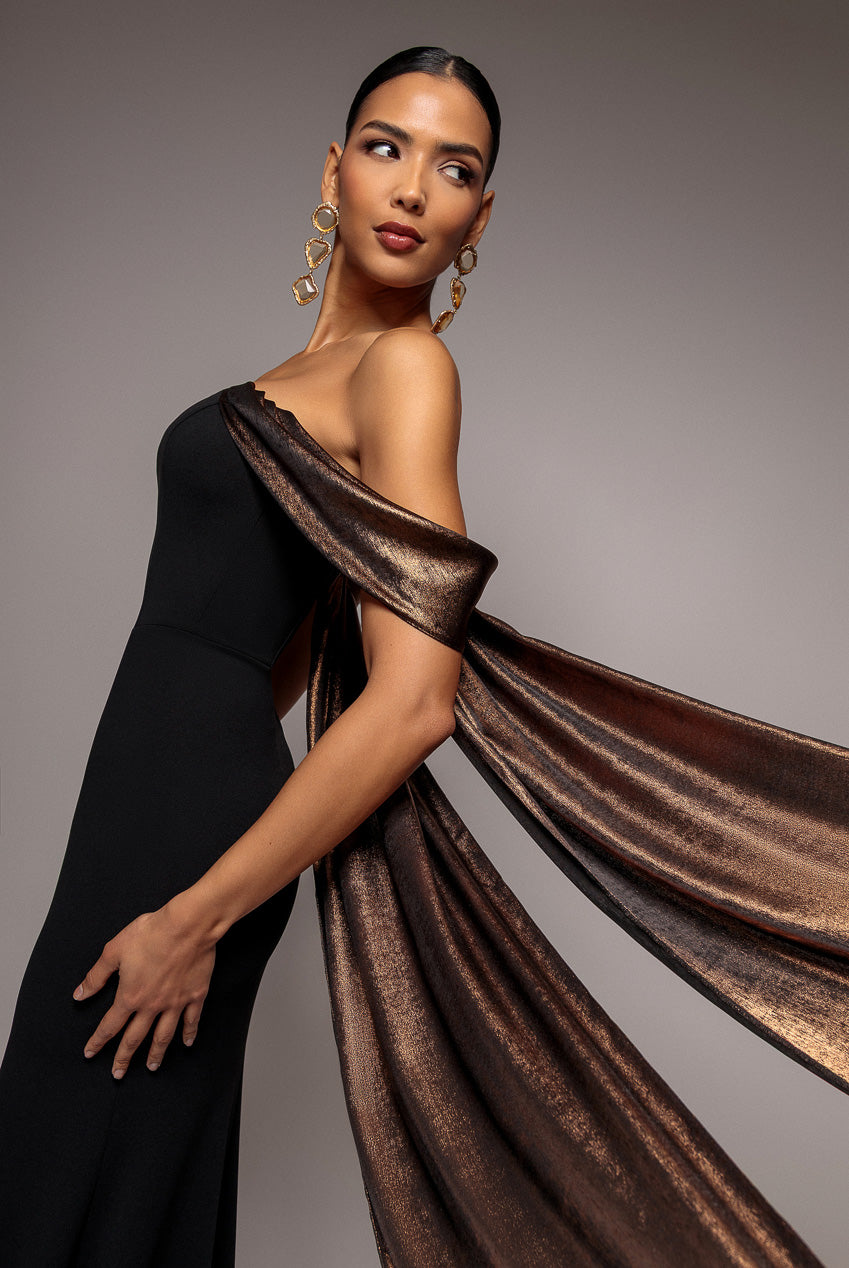 Goddiva Off The Shoulder Mirror Foil Angel Wing Cape Maxi Dress - Black