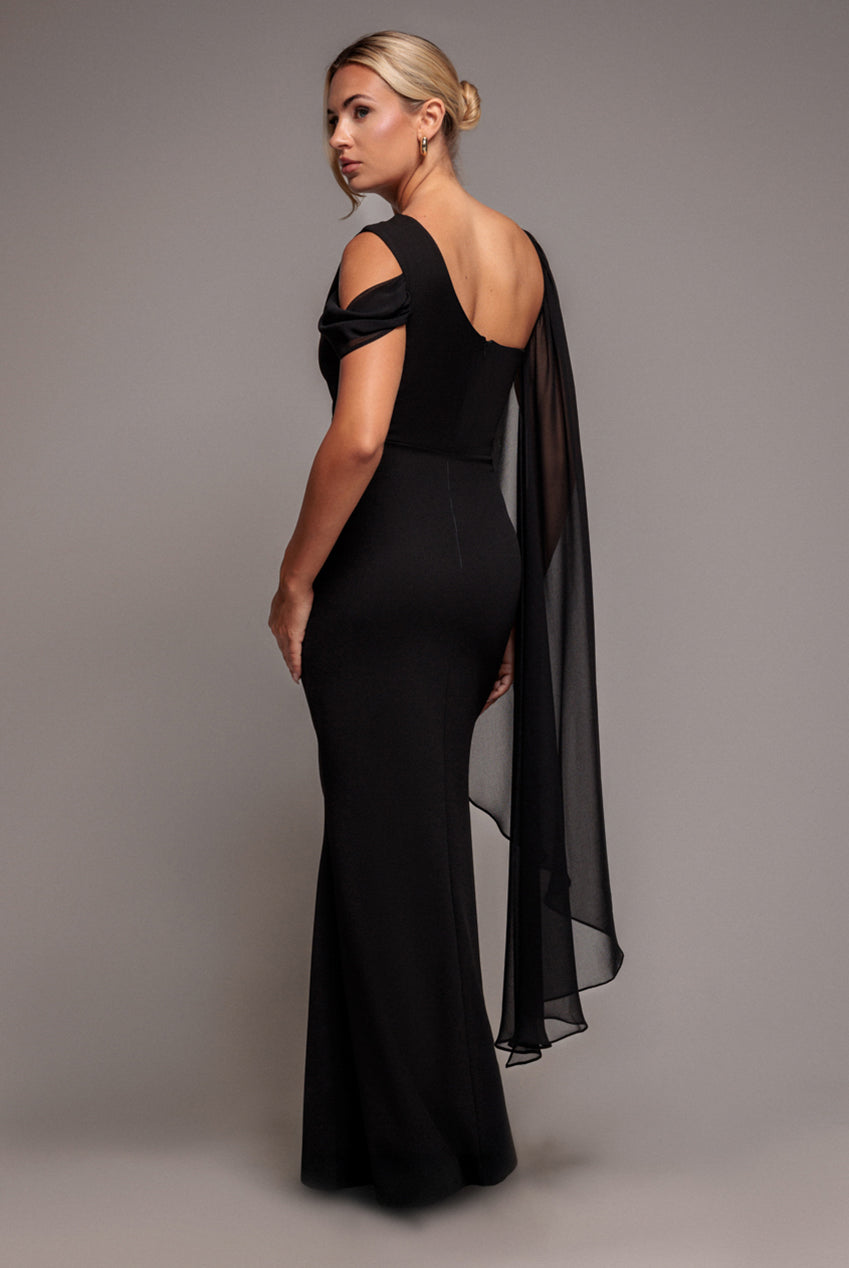 Goddiva One Shoulder Chiffon Cape Crepe Maxi Dress - Black