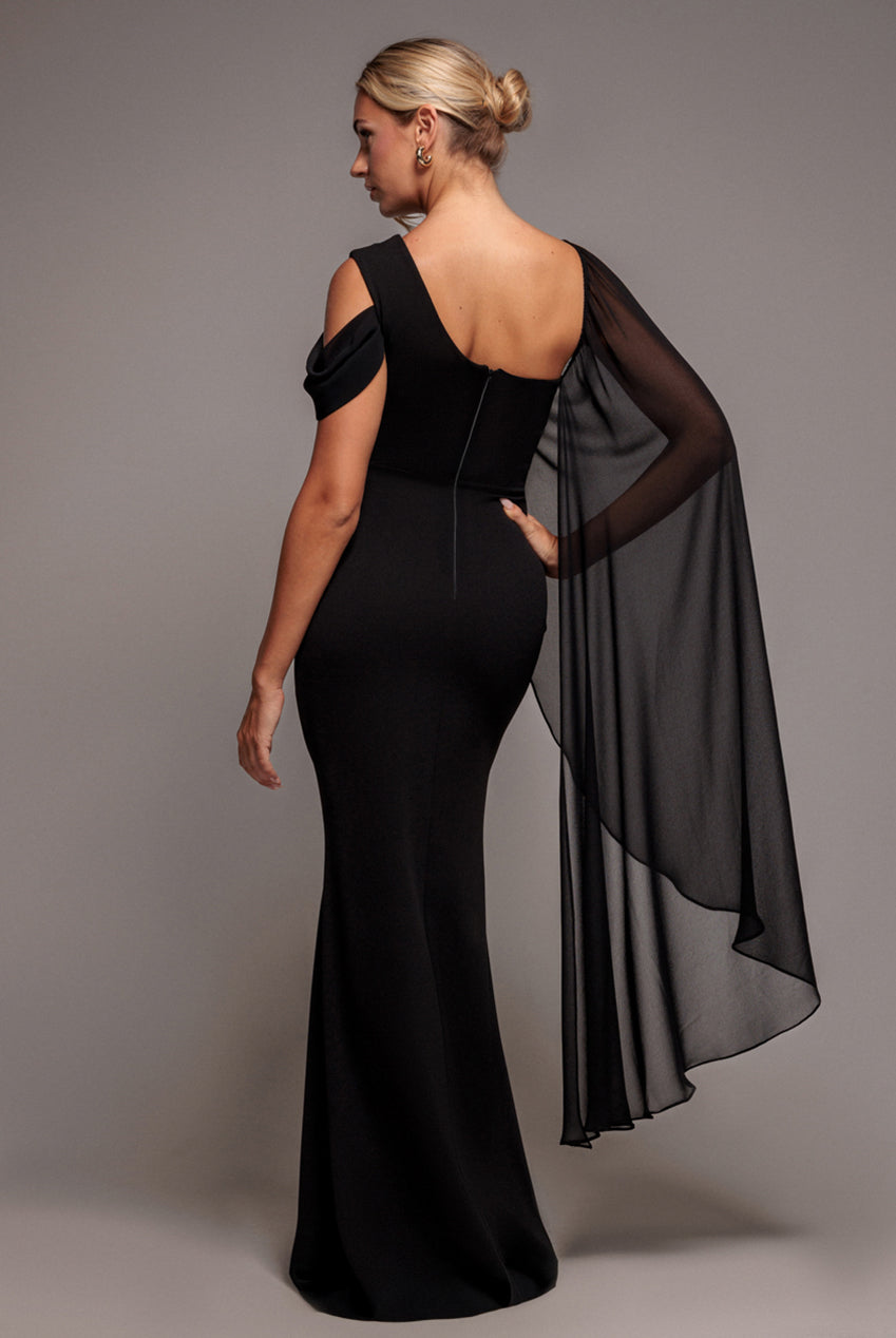 Goddiva One Shoulder Chiffon Cape Crepe Maxi Dress - Black