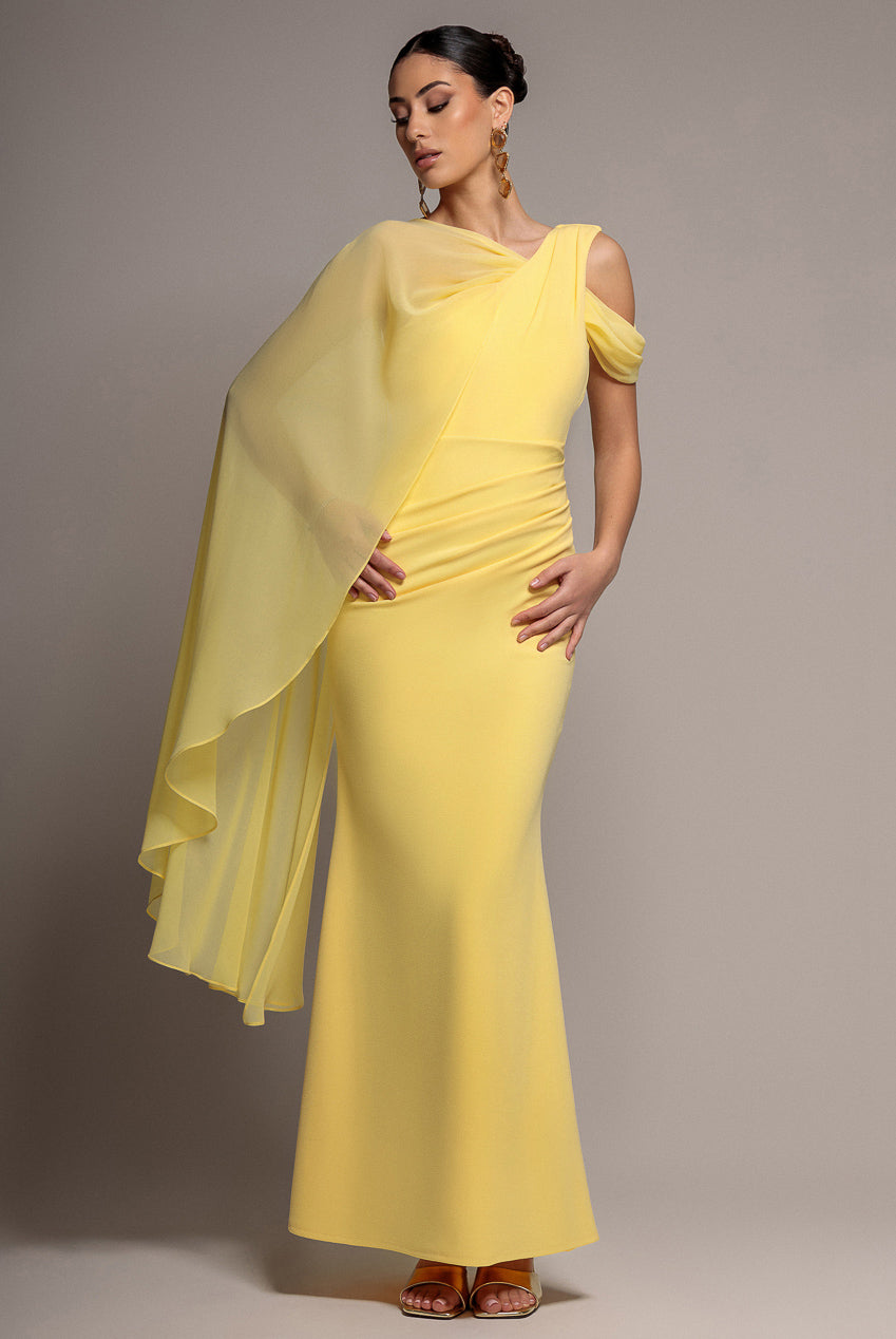 Goddiva One Shoulder Chiffon Cape Crepe Maxi Dress - Butter Yellow