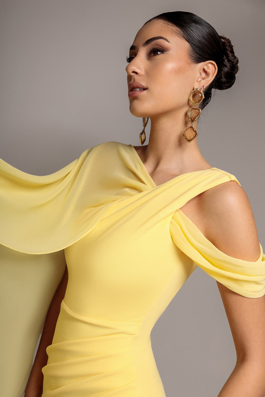 Goddiva One Shoulder Chiffon Cape Crepe Maxi Dress - Butter Yellow