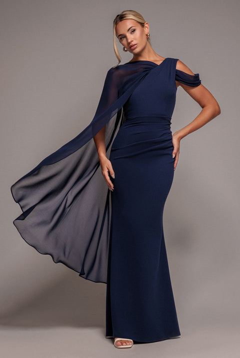 Goddiva One Shoulder Chiffon Cape Crepe Maxi Dress - Navy Blue
