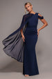 Goddiva One Shoulder Chiffon Cape Crepe Maxi Dress - Navy Blue