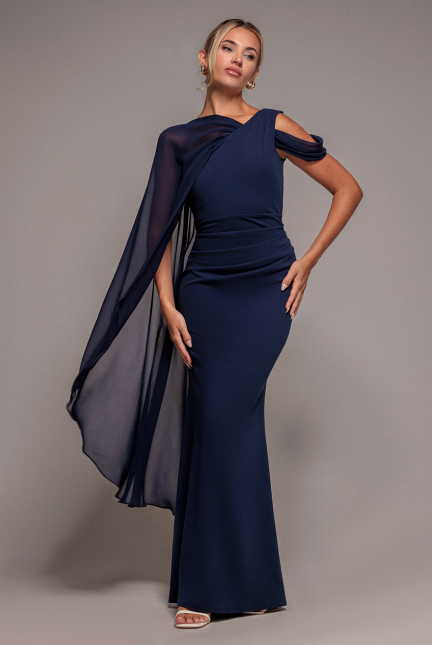 Goddiva One Shoulder Chiffon Cape Crepe Maxi Dress - Navy Blue