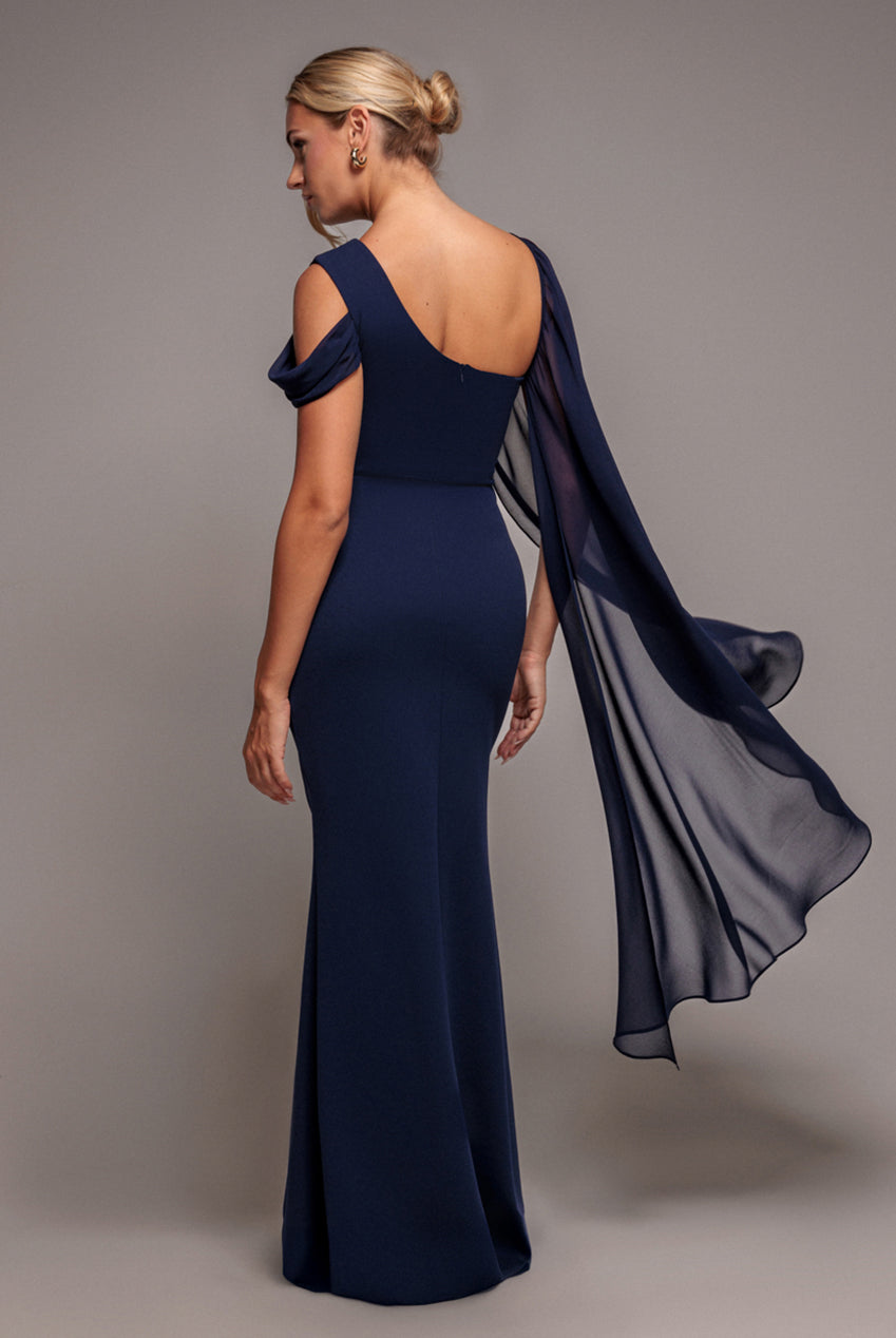 Goddiva One Shoulder Chiffon Cape Crepe Maxi Dress - Navy Blue