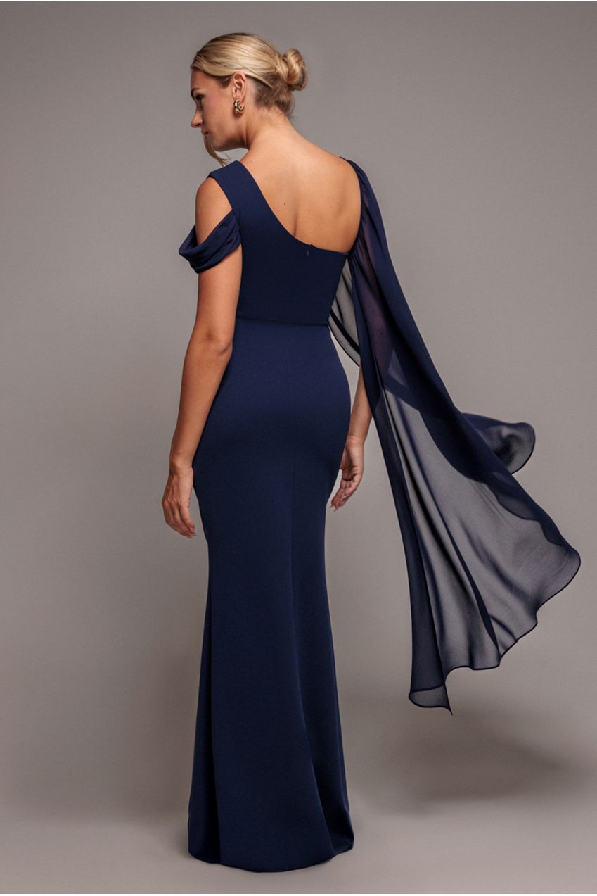 Goddiva One Shoulder Chiffon Cape Crepe Maxi Dress - Navy Blue